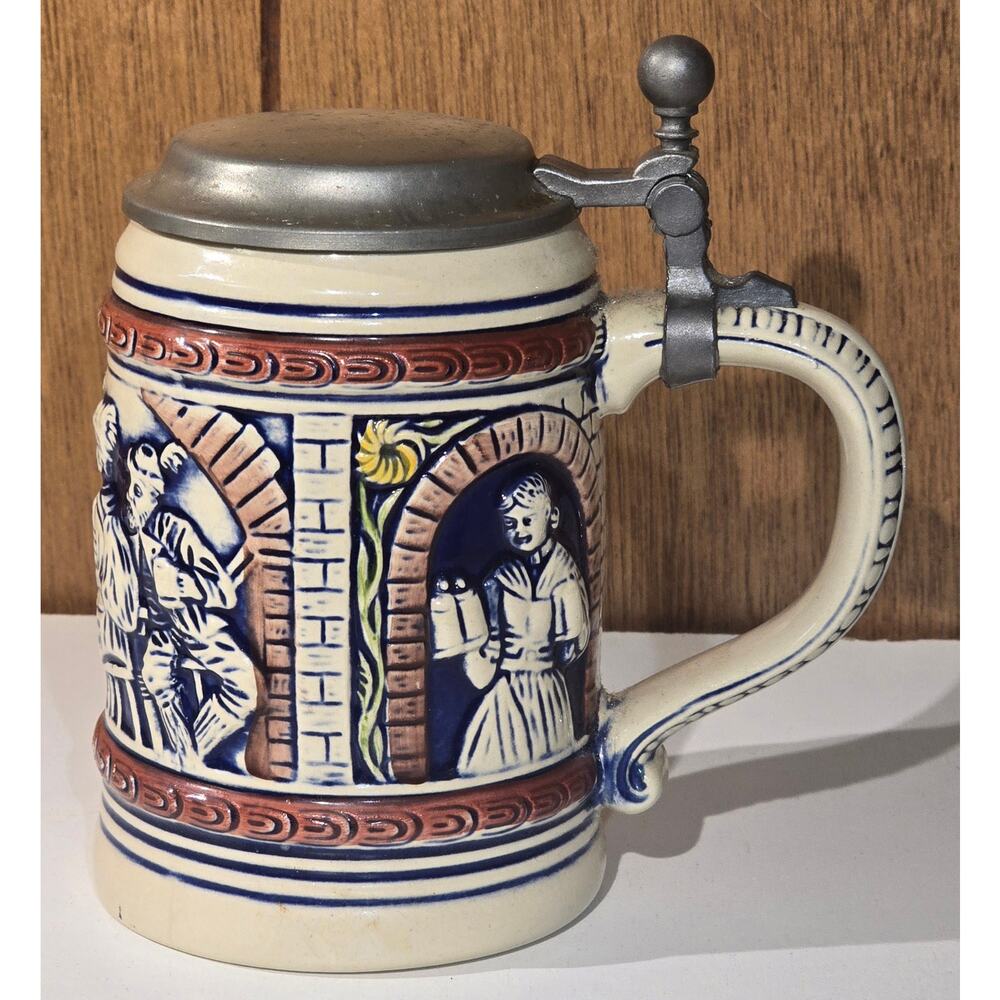 Vintage West Germany Beer Stein Ceramic Pewter Lid Tavern Scene Mug